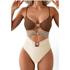 Eomenie Womens Starfish Cut Out One Piece Swimsuit Brown Tan Cream XL NEW